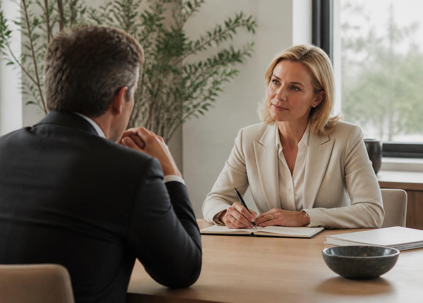Two senior professionals in a focused one-to-one assessment conversation at an oak table in a contemporary office