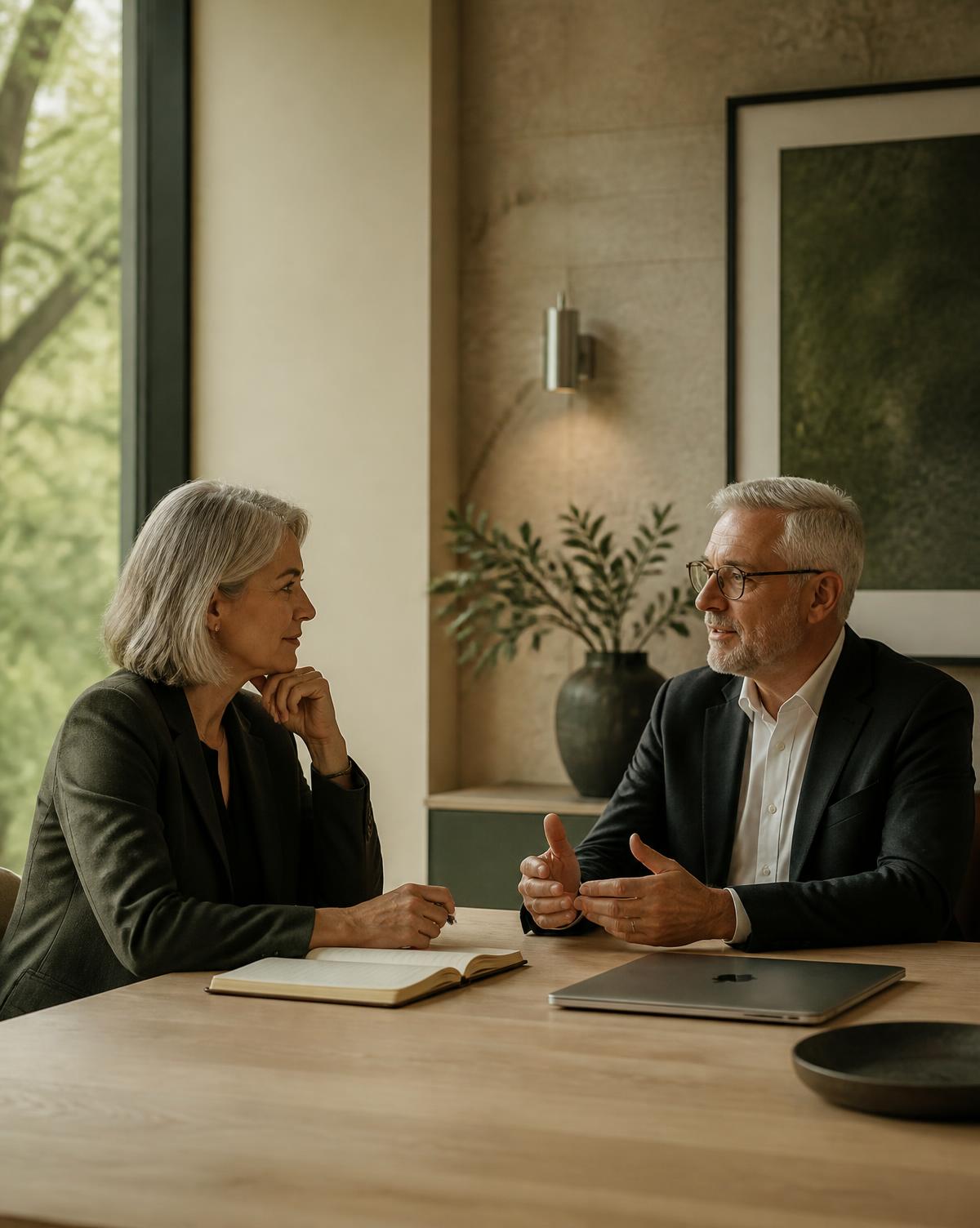 Two senior professionals in a one-to-one advisory conversation at an oak table in a contemporary executive office
