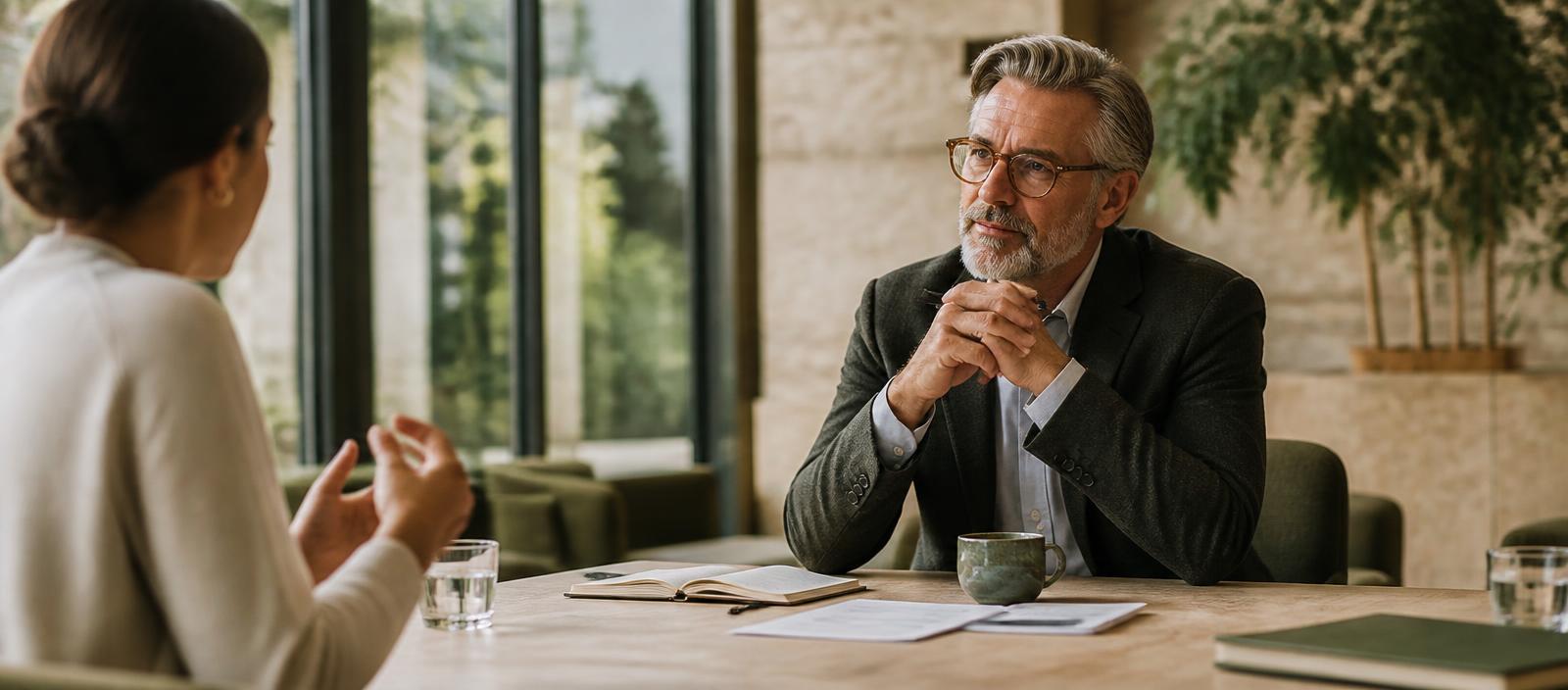 A senior professional listening attentively during an assessment feedback conversation